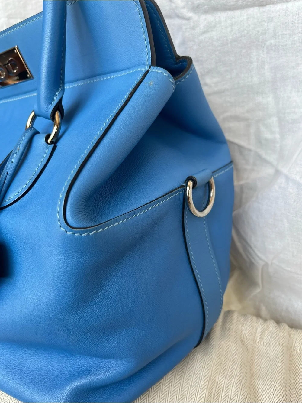 Authentic Hermès Toolbox 26 Blue Swift Leather Palladium Hardware Shoulder Bag